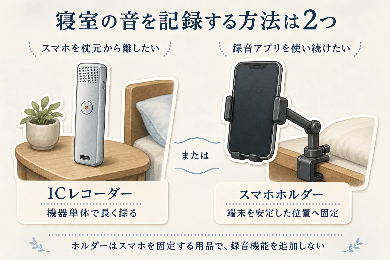 寝室の音を記録する2つの方法を比較する図。スマホを枕元から離したい場合はベッドサイドテーブルに置いたICレコーダーで機器単体の長時間録音、録音アプリを使い続けたい場合はクランプ式スマホホルダーで端末を安定した位置に固定し、ホルダーは録音機能を追加しないことを示す