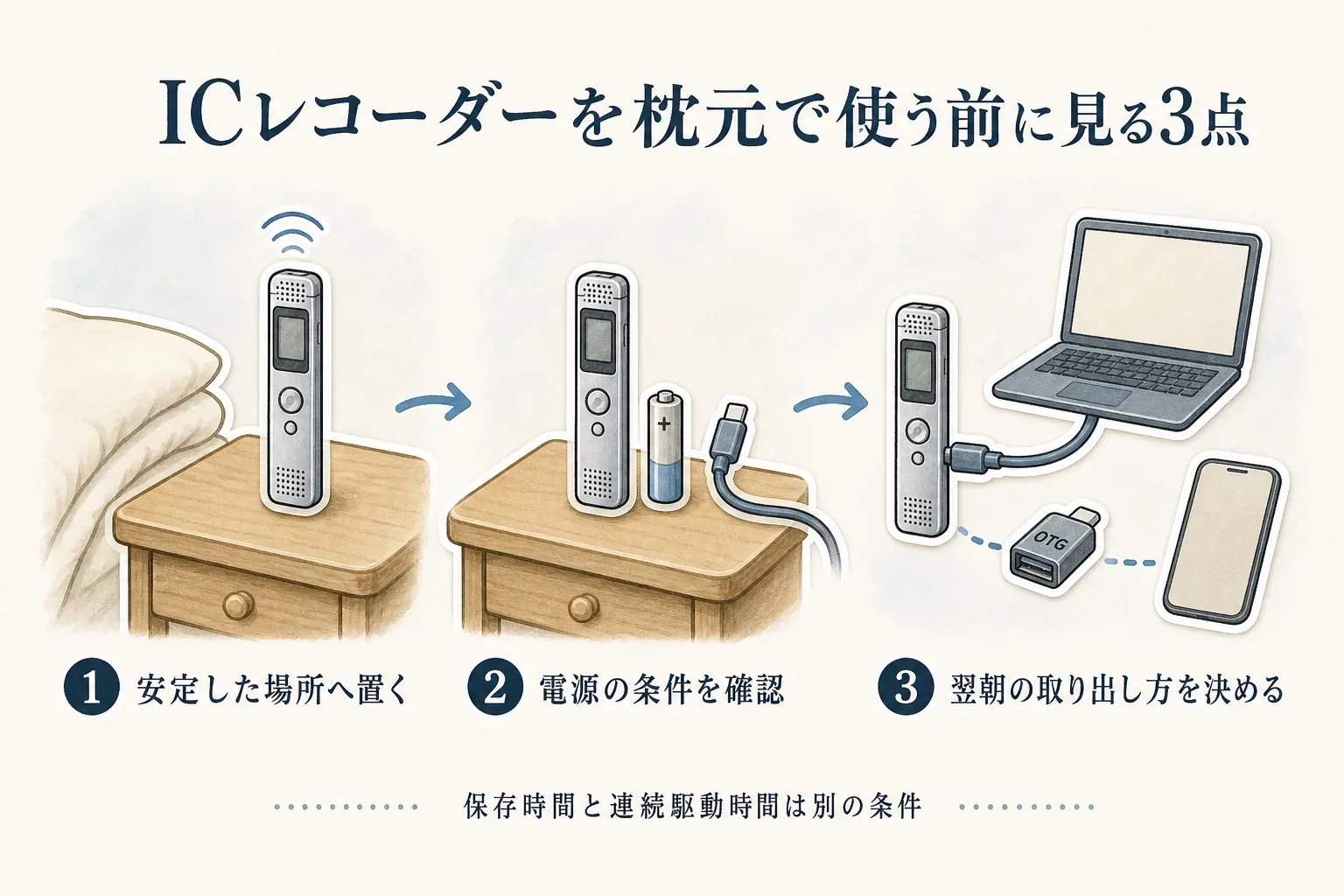 ICレコーダーを枕元で使う前の3確認を示す図。1は枕のそばのベッドサイドテーブルなど安定した場所に置く、2は電池残量や充電しながら録音できるかなど電源条件を確認する、3はUSBでPCへ、OTGでスマホへ翌朝にデータを取り出す方法を決めることで、保存時間と連続駆動時間は別の条件と示す