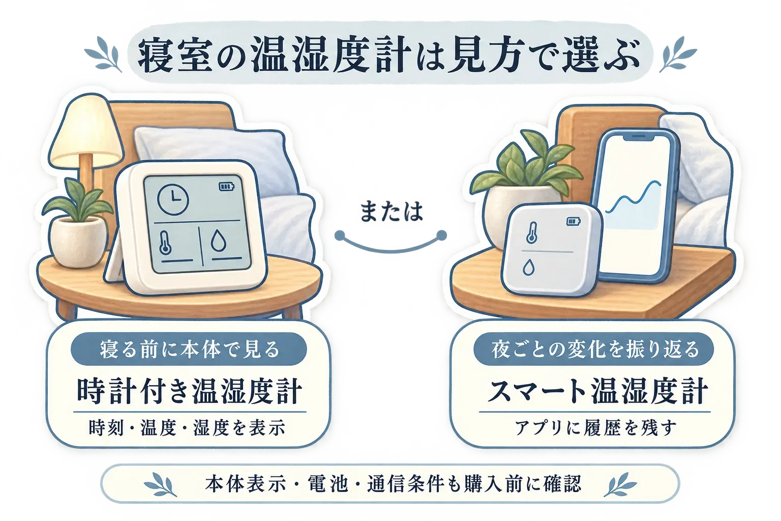寝室の温湿度計を見方で選ぶ図。寝る前に本体で見る時計付き温湿度計は時刻・温度・湿度を表示し、夜ごとの変化を振り返るスマート温湿度計はアプリに履歴を残すこと、本体表示・電池・通信条件を購入前に確認することを示している