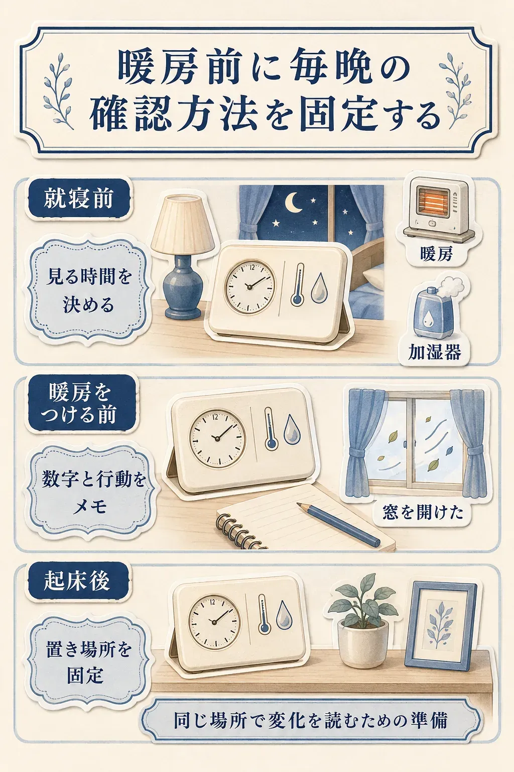 暖房前に毎晩の確認方法を固定する手順図。就寝前・暖房をつける前・起床後の見る時間を決め、温度と湿度に暖房・加湿器・窓を開けたかなどの行動をメモし、温湿度計は暖房や加湿器の風が直接当たらない同じ場所に置くことを示している