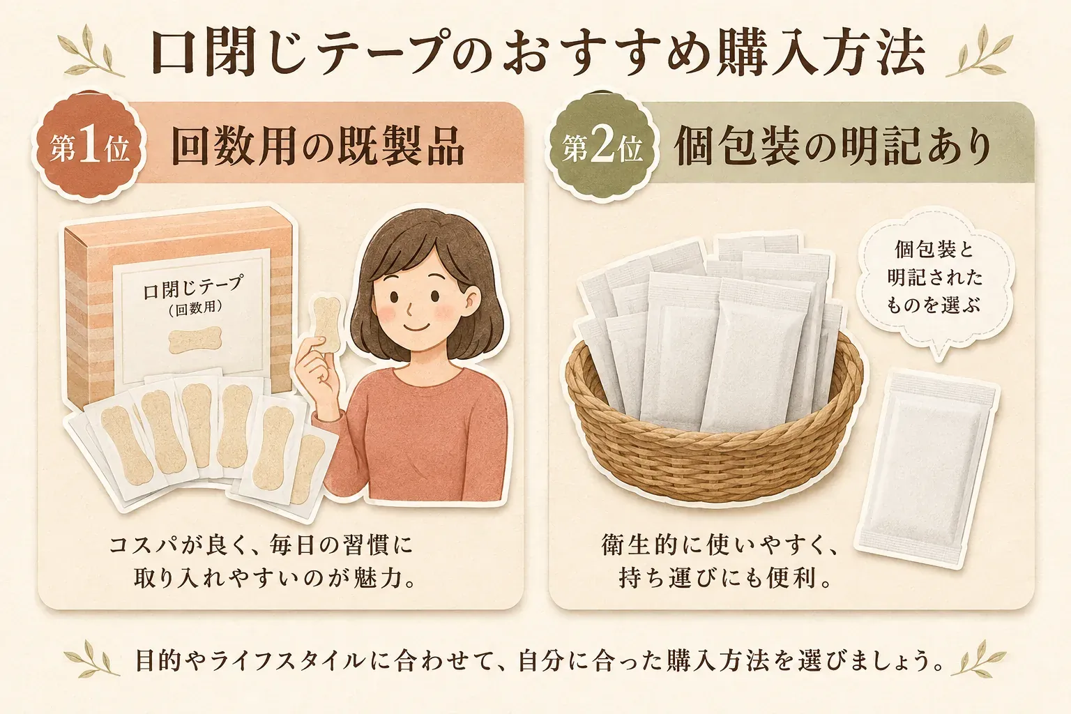 口閉じテープの購入方法を、回数分の既製品と個包装の明記がある品に分けて示す図。回数分の既製品は毎日の習慣に取り入れやすく、個包装品は衛生的で持ち運びやすいと説明している。