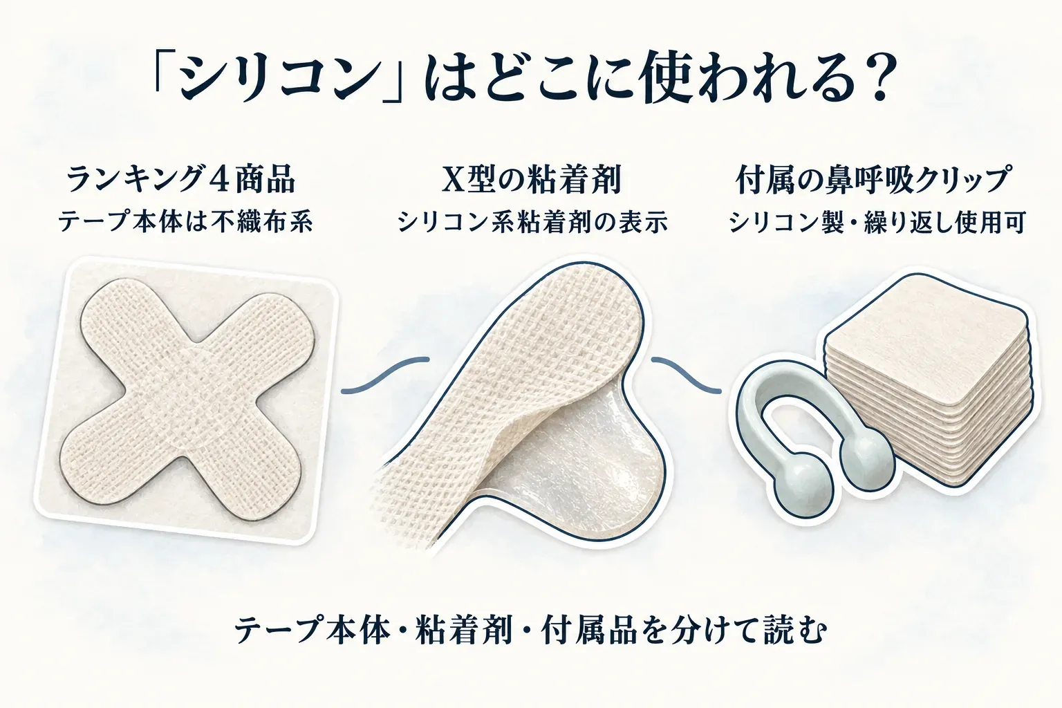 ランキング4商品の口閉じテープについて、テープ本体は不織布系であること、X型テープにはシリコン系粘着剤の表示があること、付属の鼻呼吸クリップはシリコン製で繰り返し使用できることを並べ、テープ本体・粘着剤・付属品を分けて読むよう示す図
