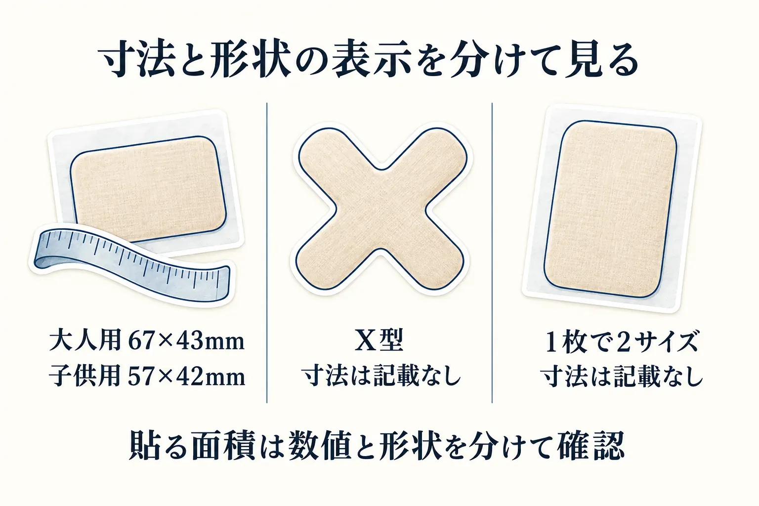 口閉じテープの寸法と形状の表示を比較する図。大人用67×43mm・子供用57×42mmの寸法表示、寸法記載なしのX型、寸法記載なしの1枚で2サイズの表示を並べ、貼る面積は数値と形状を分けて確認するよう示している