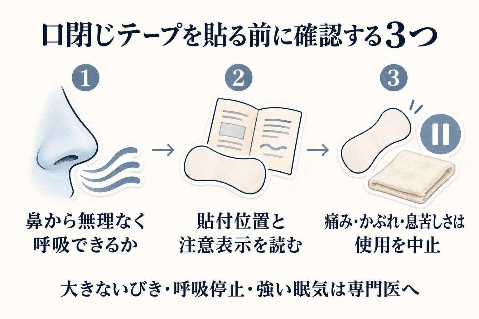 口閉じテープを貼る前の3つの確認を、鼻・説明書・テープと中止マークで示す図。鼻から無理なく呼吸できるか確認し、貼付位置と注意表示を読み、痛み・かぶれ・息苦しさがあれば使用を中止する。大きないびき・呼吸停止・強い眠気がある場合は専門医へ相談するよう案内している