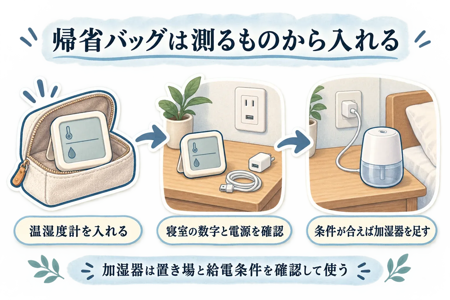 帰省バッグに入れる順番を示す図。まず温湿度計をバッグに入れ、宿泊先の寝室で温度・湿度の数字とUSB電源を確認し、置き場所と給電条件が合う場合に卓上加湿器を追加する流れを示している