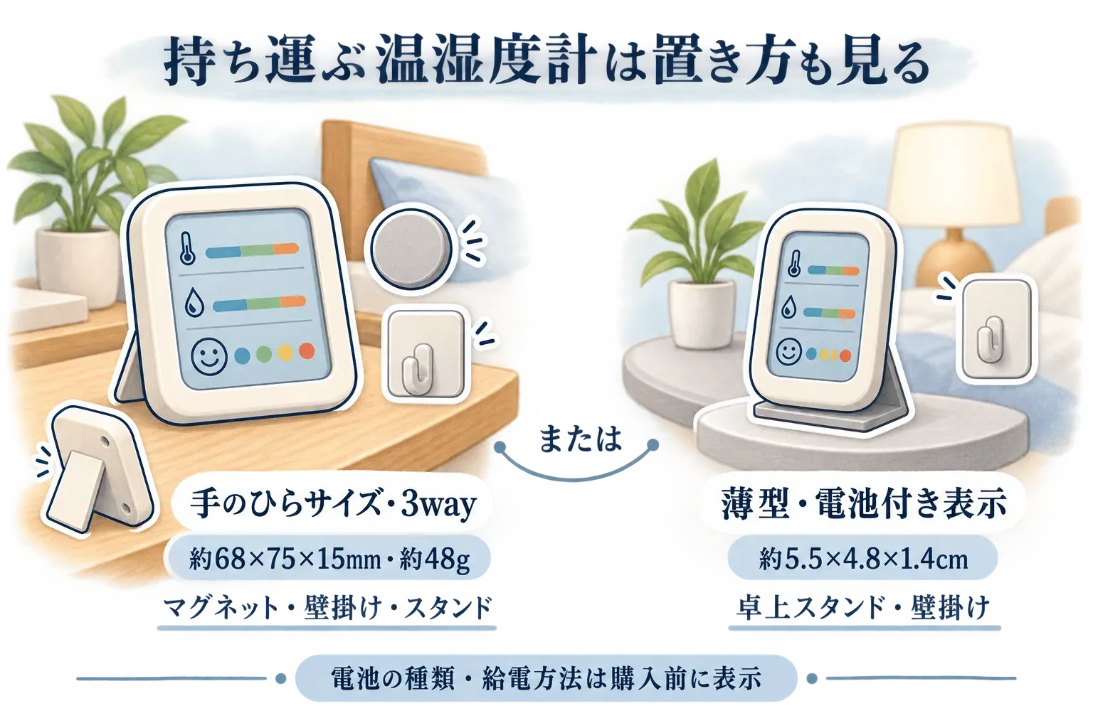 持ち運ぶ温湿度計の置き方を比較する図。約68×75×15mm・約48gの手のひらサイズはマグネット・壁掛け・スタンドの3通りで設置でき、約5.5×4.8×1.4cmの薄型は卓上スタンド・壁掛けに対応すること、電池の種類と給電方法は購入前に確認することを示している