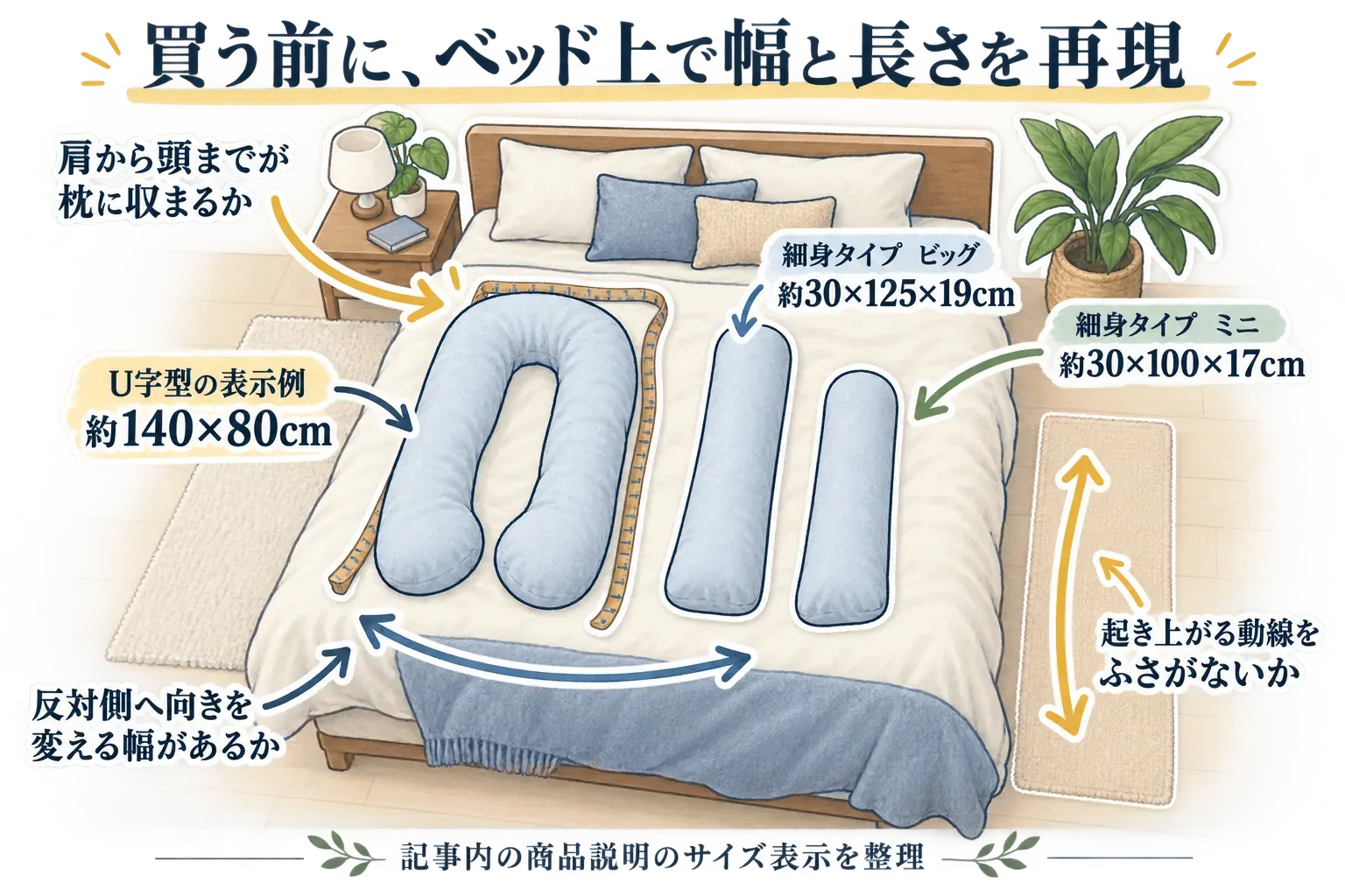 ベッド上で抱き枕の幅と長さを再現する図。U字型の表示例は約140×80cm、細身タイプのビッグは約30×125×19cm、ミニは約30×100×17cmで、肩から頭が枕に収まるか、反対側へ向きを変える幅と起き上がる動線を確認する