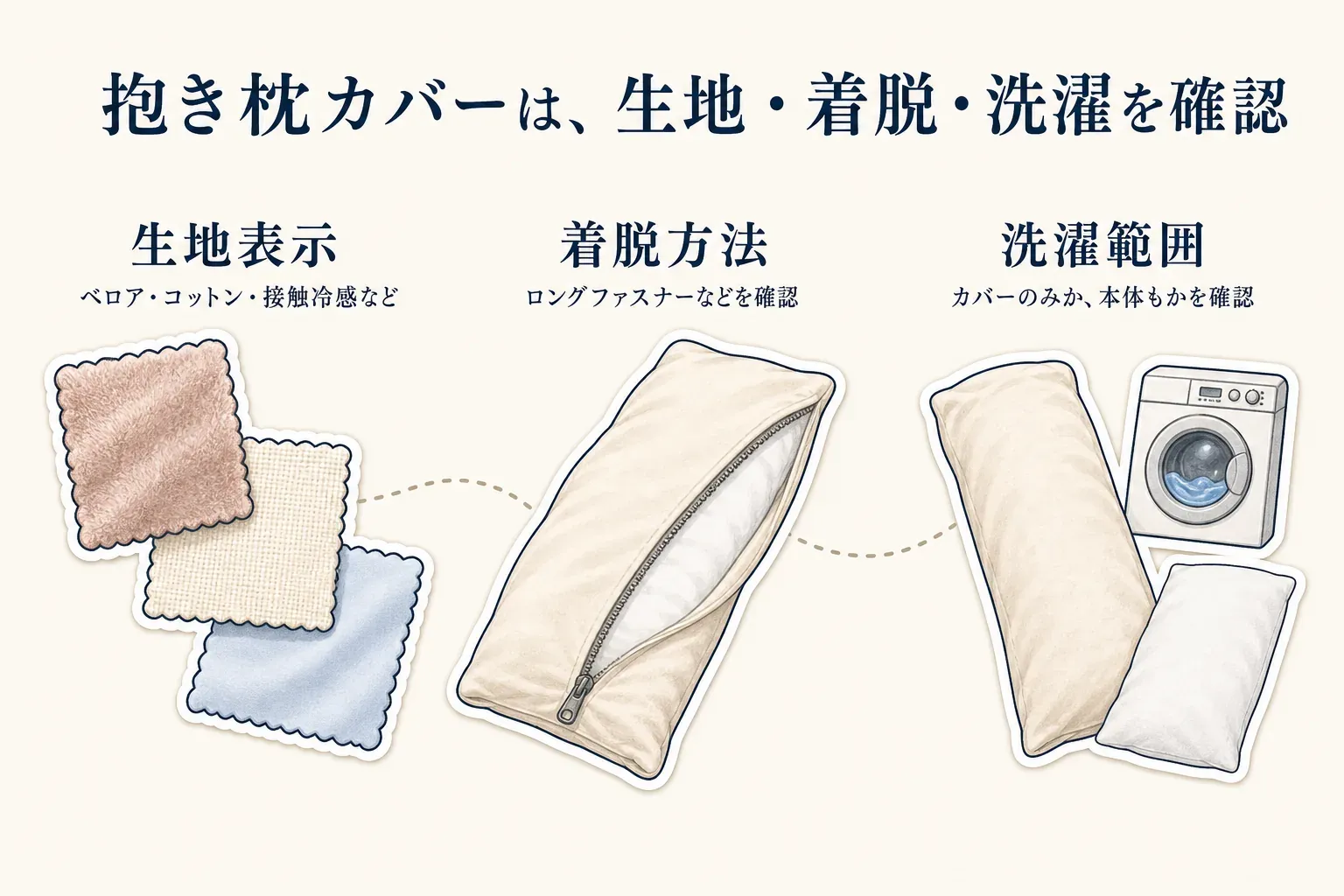 抱き枕カバーを選ぶ際の確認項目を示す図。ベロア・コットン・接触冷感などの生地表示、ロングファスナーなどの着脱方法、カバーのみか本体も洗えるかという洗濯範囲を確認する