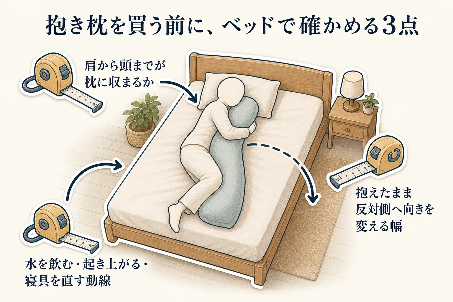 抱き枕を買う前にベッドで確認する3点を示す図。肩から頭までが枕に収まるか、抱えたまま反対側へ向きを変える幅があるか、水を飲む・起き上がる・寝具を直す動線を確保できるかをメジャーと矢印で描く