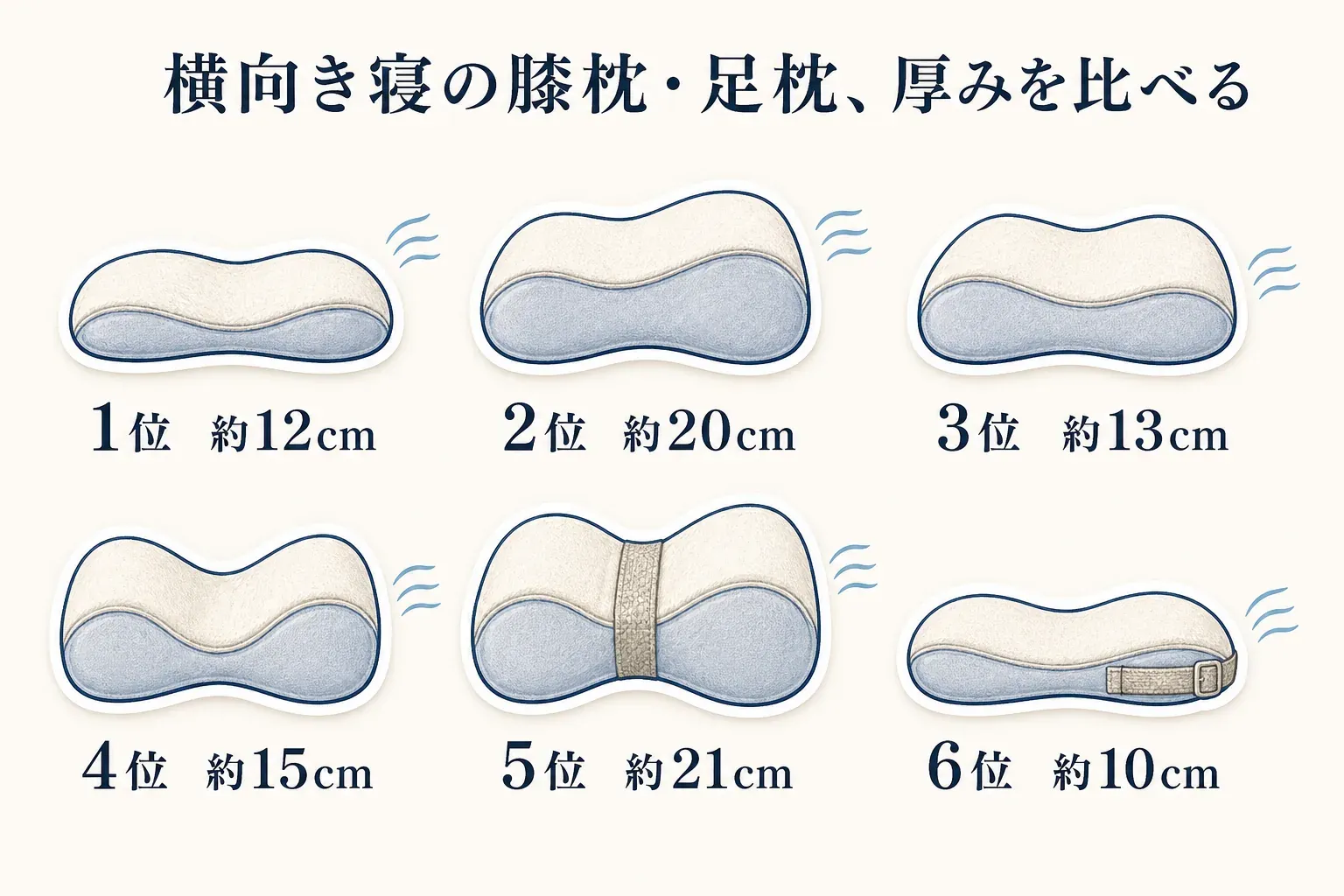 横向き寝用の膝枕・足枕6商品の厚みを比較する図。1位約12cm、2位約20cm、3位約13cm、4位約15cm、5位約21cm、6位約10cmと、商品ごとの厚みを示す