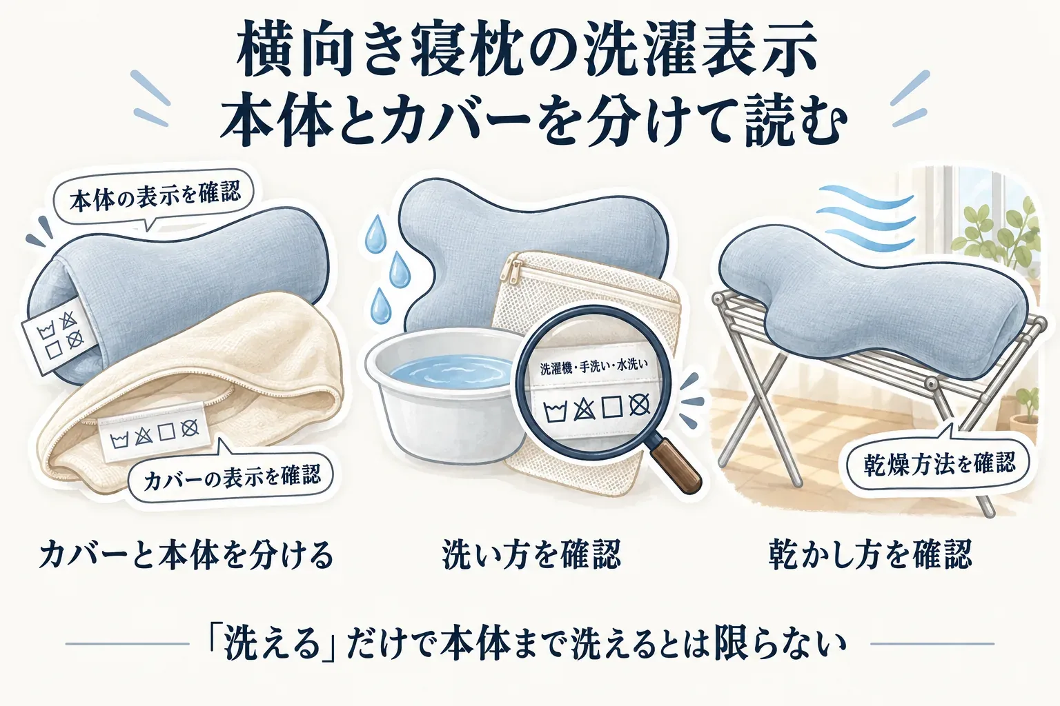 横向き寝枕の洗濯表示の確認手順を示す図。本体とカバーの表示を分け、洗濯機・手洗い・水洗いの方法を確認し、乾かし方も確認する。「洗える」だけで本体まで洗えるとは限らない