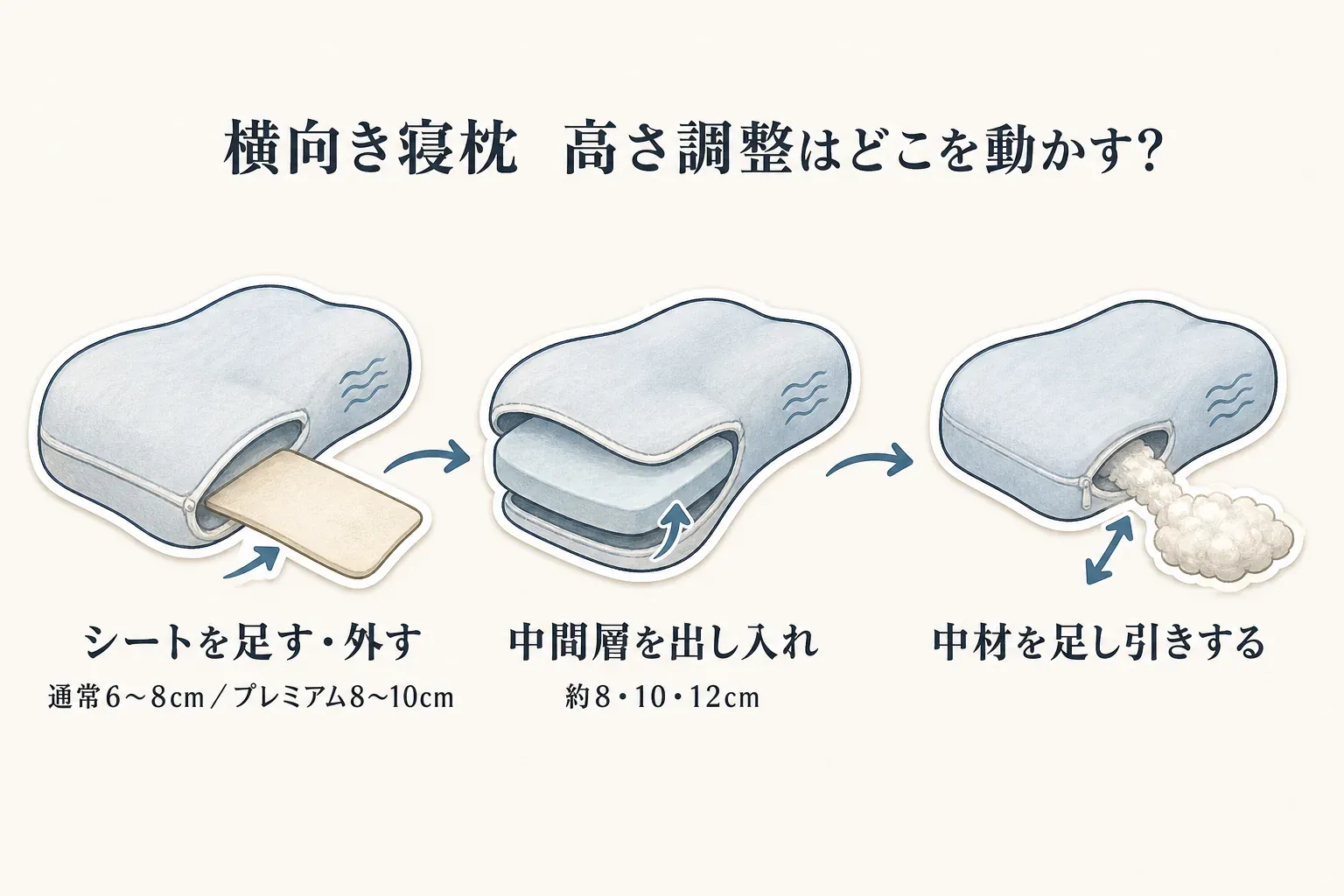 横向き寝枕で高さを調整する位置を示す図。調整シートを足す・外す方法は通常6〜8cmまたはプレミアム8〜10cm、中間層を出し入れする方法は約8・10・12cm、中材を足し引きする方法を描いている
