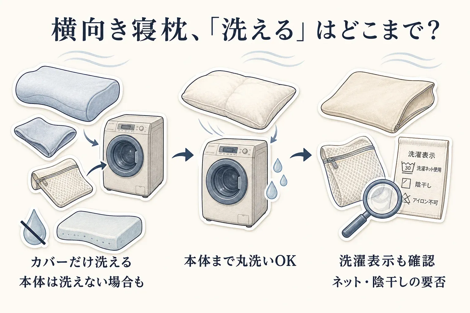 横向き寝枕の「洗える」範囲を確認する図。カバーだけ洗えて本体は洗えない場合、本体まで丸洗いできる場合、洗濯表示で洗濯ネット使用と陰干しの要否を確認する場合を、枕・洗濯機・洗濯表示のイラストで示す
