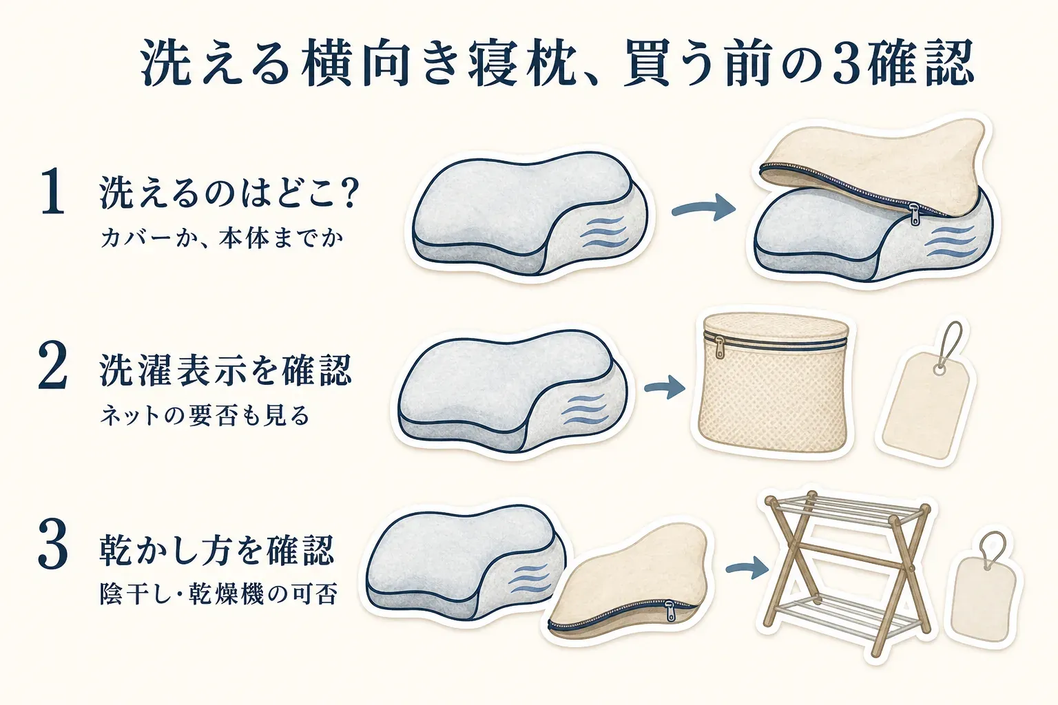 洗える横向き寝枕を買う前の3確認を示す図。1はカバーか本体までか洗える範囲、2は洗濯ネットの要否を含む洗濯表示、3は陰干し・乾燥機可否を含む乾かし方を確認する
