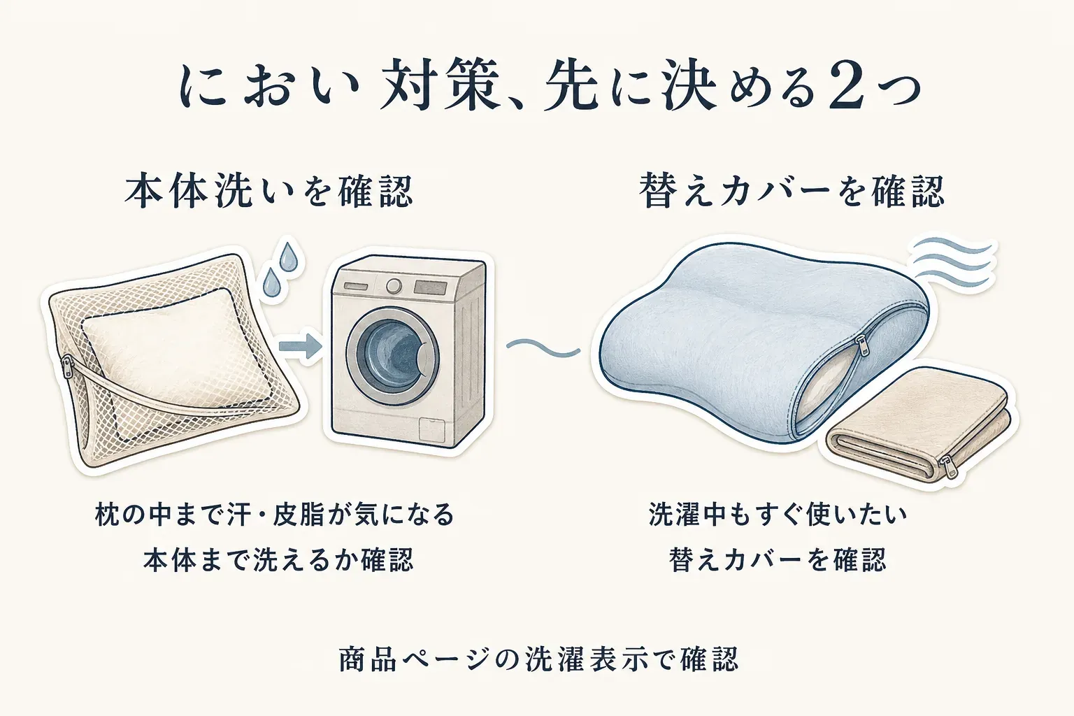 におい対策で先に決める2つを示す図。枕の中まで汗・皮脂が気になる場合は本体まで洗えるかを、洗濯中もすぐ使いたい場合は替えカバーを確認し、商品ページの洗濯表示で確かめることを示す