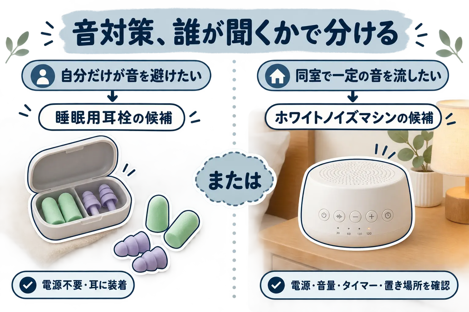 音対策を誰が聞くかで分ける図。自分だけが音を避けたい場合は電源不要で耳に装着する睡眠用耳栓、同室で一定の音を流したい場合は電源・音量・タイマー・置き場所を確認するホワイトノイズマシンの候補と示す