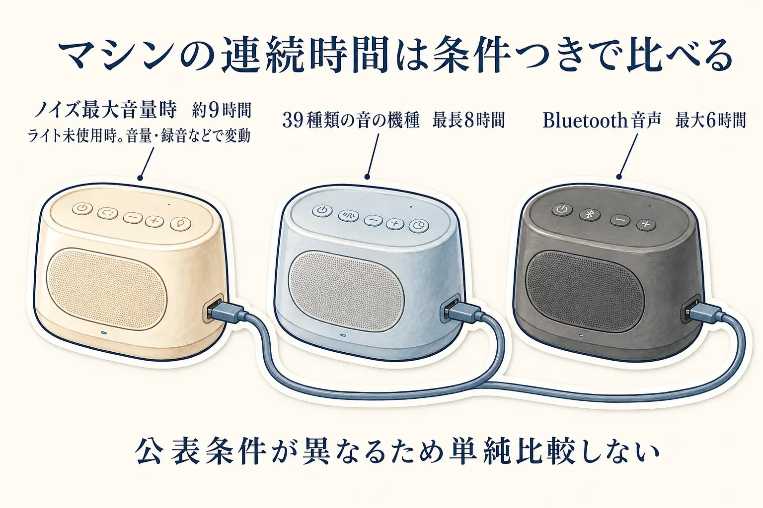 ホワイトノイズマシンの連続時間を公表条件とともに比べる図。LULLMEはライト未使用・ノイズ最大音量時に約9時間で音量や録音などで変動、39種類の音の機種は最長8時間、LectroFan micro2はBluetooth音声の再生が最大6時間と示し、条件が異なるため単純比較しないよう案内する