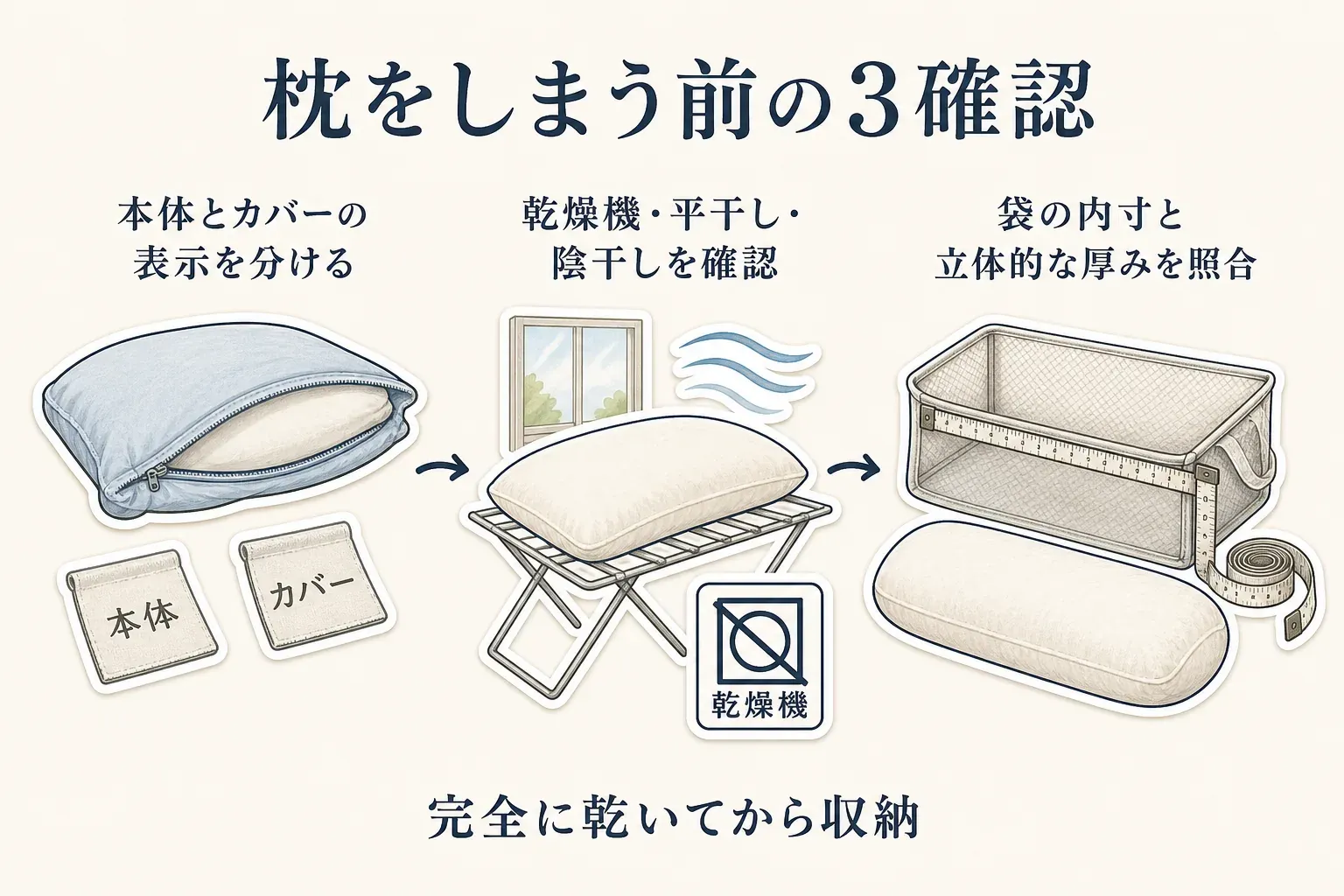 枕をしまう前の3確認を示す図。本体とカバーの表示を分け、乾燥機・平干し・陰干しの表示を確認して完全に乾かし、袋の内寸と立体的な厚みを照合して収納する流れ