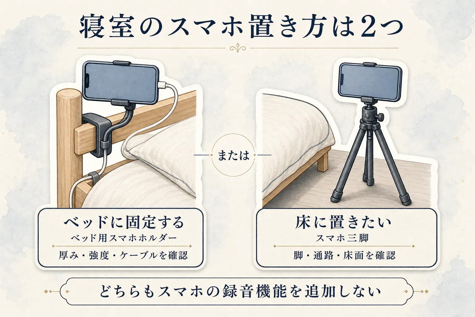 寝室でスマホを置く2つの経路を示す図。ベッドフレームやサイドテーブルにクランプで固定するベッド用スマホホルダーは、固定場所の厚み・強度と充電ケーブルの通り道を確認し、床置きスマホ三脚は、脚を広げる範囲が通路や寝返りの動線にかからない平らな床を選ぶことを示している