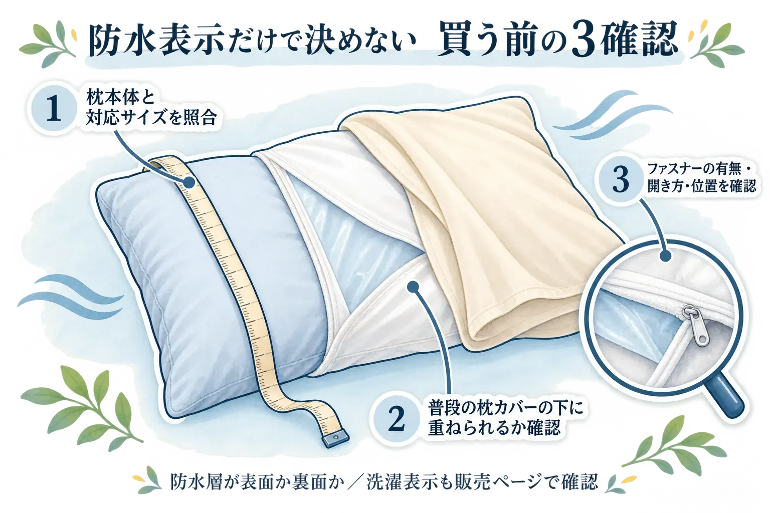 防水枕カバーを買う前の3確認を示す図。枕本体と対応サイズを照合し、普段の枕カバーの下に重ねられるかを確認し、ファスナーの有無・開き方・位置を確かめる。防水層が表面か裏面かと洗濯表示も販売ページで確認する
