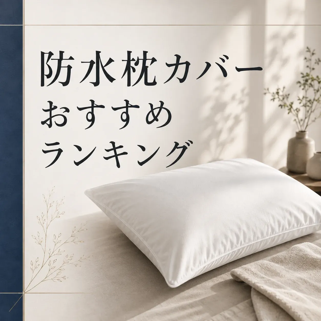 「防水枕カバー おすすめ ランキング」という文字と、ベッドに置いた白い枕、防水をイメージする水滴を描いた図