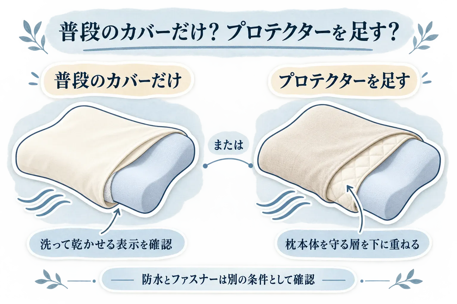 横向き寝枕に普段のカバーだけを掛ける方法と、枕本体を守るプロテクターを下に重ねてからカバーを掛ける方法を示す図。カバーだけの場合は洗濯・乾燥表示を確認し、防水性とファスナーは別の条件として確認することを示している